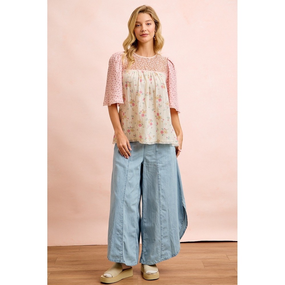 BiBi Crinkle Floral Gauze Mix And Matched Blouse Top - Cream/Pink - Medium - Picture 10 of 11